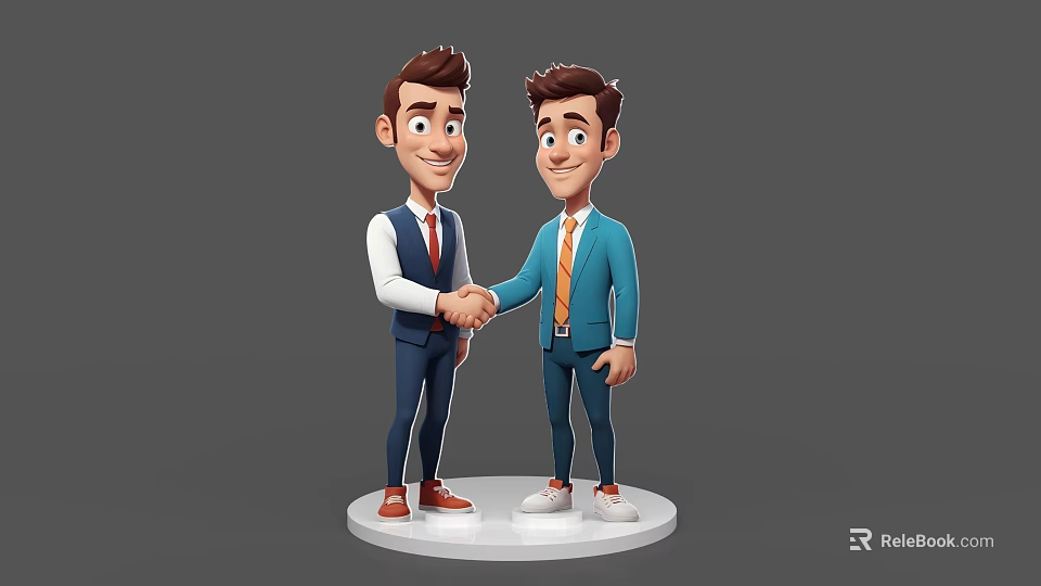 Cartoon Style Game and Movie Characters in Business Suits Shaking Hands with Friendly Interaction 3d model 