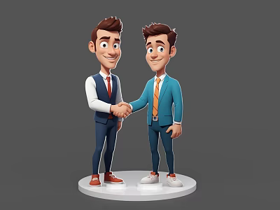 Cartoon Style Game and Movie Characters in Business Suits Shaking Hands with Friendly Interaction 3d model