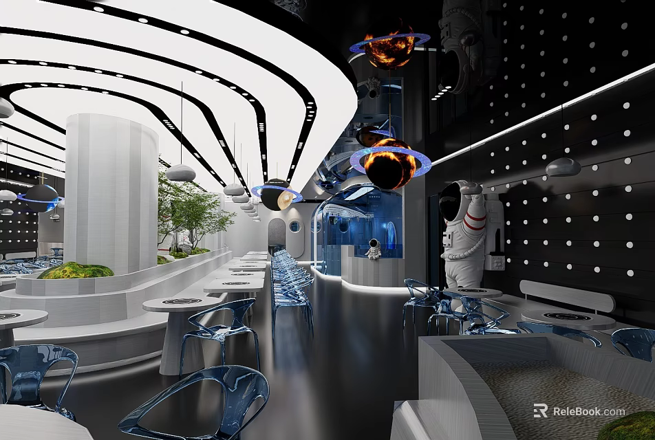 Modern Restaurant Interior With Curved Ceiling Blue Lighting And Astronaut Decor 3d model 