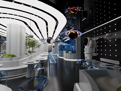 Modern Restaurant Interior With Curved Ceiling Blue Lighting And Astronaut Decor 3d model
