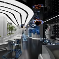 Modern Restaurant Interior With Curved Ceiling Blue Lighting And Astronaut Decor