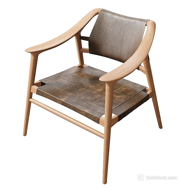 Modern Wooden Lounge Chair with Curved Armrests and Textured Seat Design 3d model 