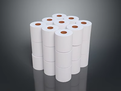 Neatly Stacked White Paper Rolls With Orange Cores On Gray Reflective Background 3d model
