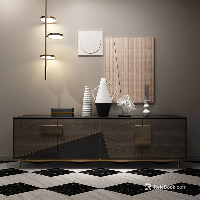 Sleek Modern TV Stand With Gold Accents Decorative Ornaments Wall Art And Pendant Light 3d model 
