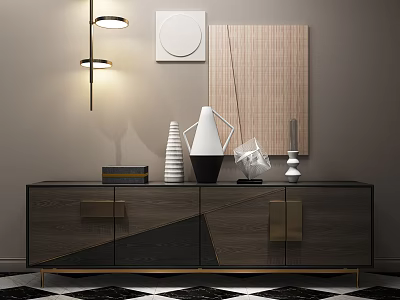Sleek Modern TV Stand With Gold Accents Decorative Ornaments Wall Art And Pendant Light 3d model