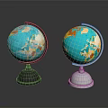 Two Globes With Black And Silver Bases Blue Ocean And Colored Continents On Gray Background