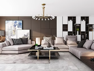 Modern living room multi-person sofa coffee table chandelier 3d model
