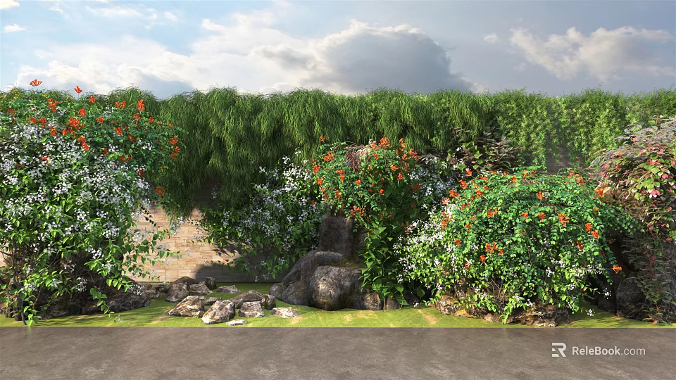 Lush Green Vines Climbing Over Rocks With Red And White Flowers In Natural Garden 3d model 