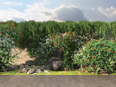 Lush Green Vines Climbing Over Rocks With Red And White Flowers In Natural Garden 3d model