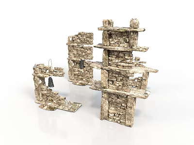 Rustic Stone Building Structure Featuring Multi Tiered Shelves And Hanging Bell 3d model