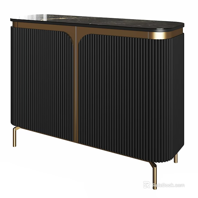 Modern Black Entryway Cabinet Sideboard With Vertical Striped Doors And Gold Metal Legs 3d model 