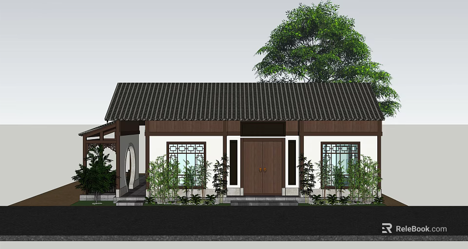 Traditional Chinese House Featuring Classic Tiled Roof Wooden Door Carved Windows and Green Plants 3d model 
