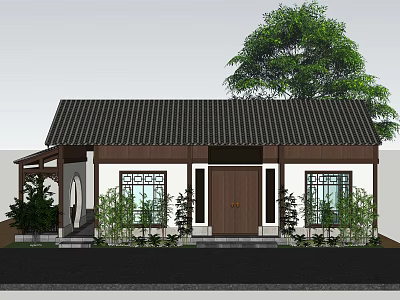 Traditional Chinese House Featuring Classic Tiled Roof Wooden Door Carved Windows and Green Plants 3d model