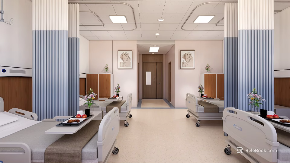 Hospital Ward Interior Featuring Medical Beds Bedside Tables And Decorative Paintings 3d model 