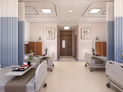 Hospital Ward Interior Featuring Medical Beds Bedside Tables And Decorative Paintings 3d model