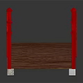 Decorative Wooden Garden Bridge With Red Railings And Arched Wooden Deck