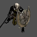 Game and Movie Character in Black Armor with Skeleton Helmet Holding Shield Sword Battle Stance