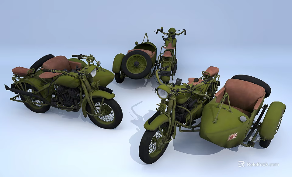 Olive Green Vintage Motorcycles With Sidecar And Classic Military Design 3d model 