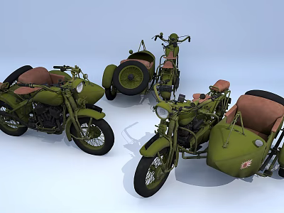 Olive Green Vintage Motorcycles With Sidecar And Classic Military Design 3d model
