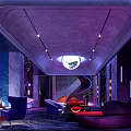 KTV Lounge Interior With Illuminated Moon Purple Blue Lighting And Radial Neon Lines