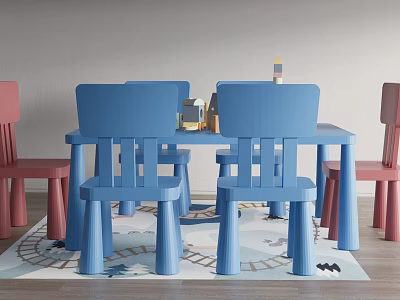 Playful Kids Table With Blue Pink Chairs And Toys On Rug And Light Colored Walls 3d model