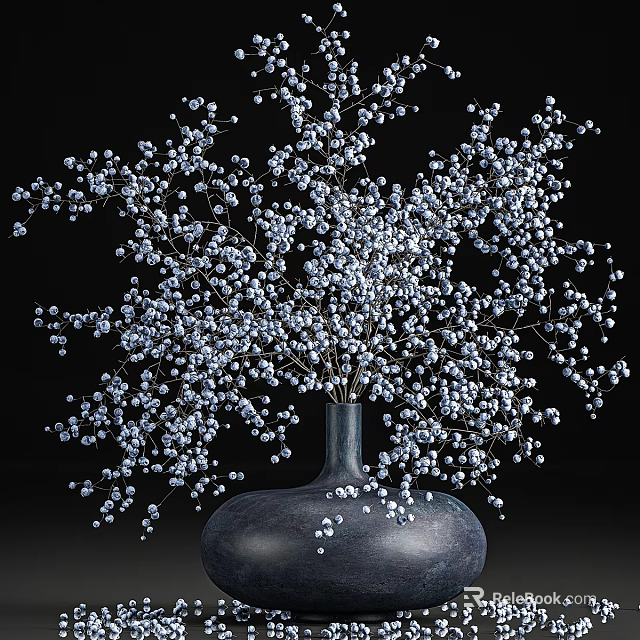 Elegant Modern Decorative Ornament Set With Dark Ceramic Vase And White Berry Branches 3d model 