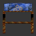 Elegant Blue Floral Patterned Ottoman with Brown Decorative Carved Wooden Legs