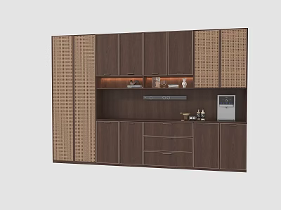 Modern Wooden Wine Cabinet With Rattan Grille Lighting Drawers And Built in Appliance 3d model