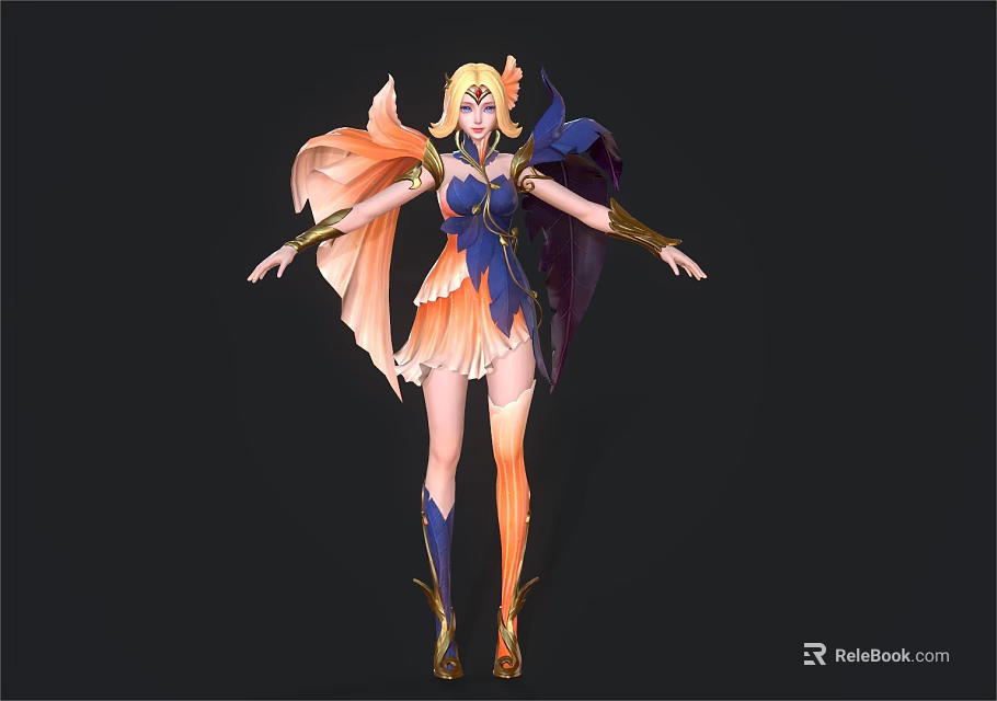 Blonde Haired Woman In Orange And Blue Outfit With Wings Arms Outstretched Fantasy Mythical Character 3d model 