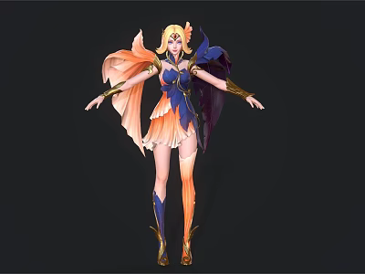 Blonde Haired Woman In Orange And Blue Outfit With Wings Arms Outstretched Fantasy Mythical Character 3d model