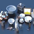 Assorted Modern Tableware Set Including Bowls Plates Cups Utensils Drainer And Glassware 3d model