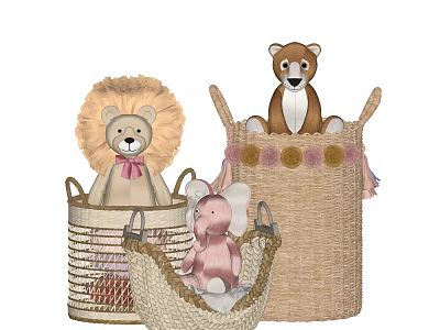 Stuffed Animal Lion Bear and Elephant in Woven Baskets with Pink Ribbon and Pom Poms 3d model