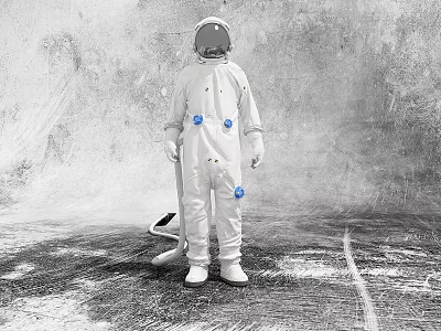 Man In White Spacesuit Standing By Textured Wall With Mop Tool And Gray White Background 3d model