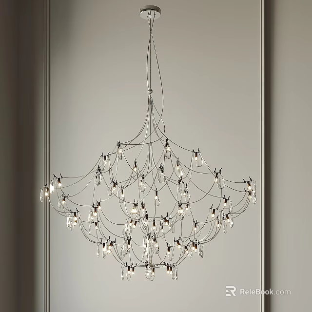 Modern Chandelier with Multiple Wires and Hanging Bulbs in Minimalist Gray Wall Interior 3d model 