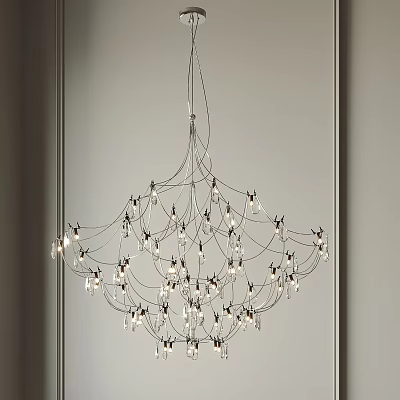 Modern Chandelier with Multiple Wires and Hanging Bulbs in Minimalist Gray Wall Interior 3d model
