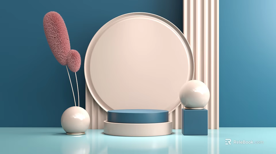 Elegant Modern Display Shelf With Round Platform Blue Countertop White Sphere And Pink Decorative Elements 3d model
