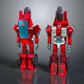 Two Red Robot Action Figures With Blue Silver Panels And Mechanical Design