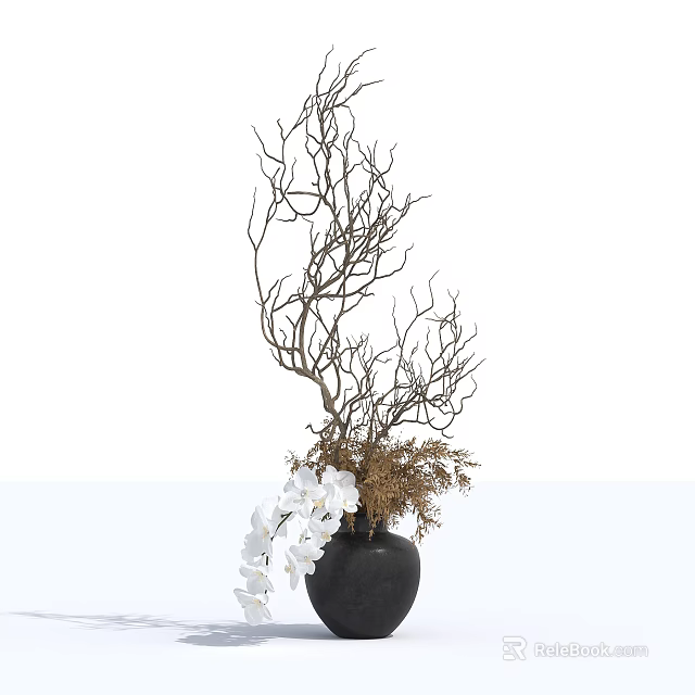 Elegant Bonsai Plant with Dried Branches White Flowers and Dried Grass in Black Pot 3d model 