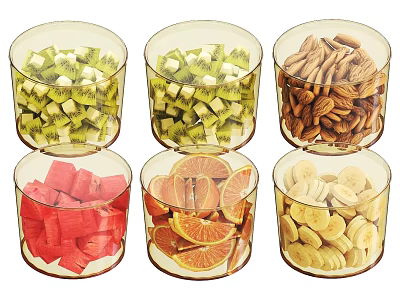 Assorted Fresh Fruits in Clear Glass Jars with Kiwi Watermelon Orange and Banana Slices 3d model