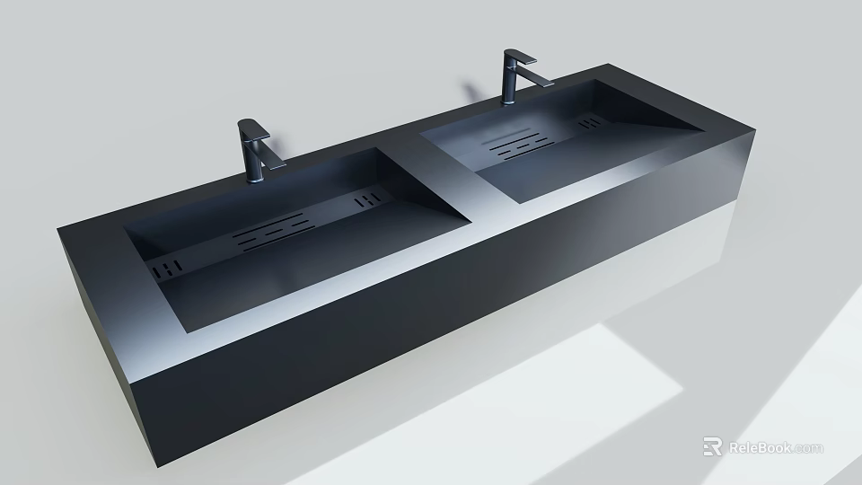 Modern Black Double Washbasin With Sleek Surface And Two Faucets 3d model 