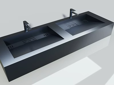 Modern Black Double Washbasin With Sleek Surface And Two Faucets 3d model
