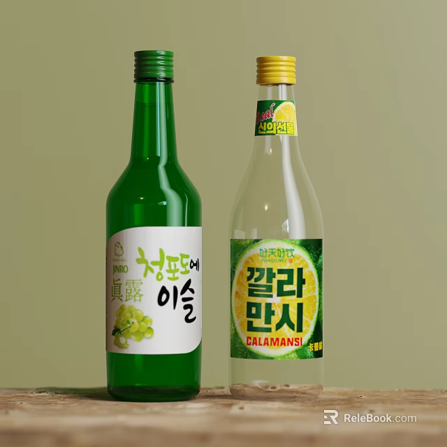 Two Green Transparent Wine Bottles With Champagne Dewdrop And Calamansi Fruit Flavors Bilingual Labels 3d model 