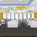 Public Office Space Featuring Yellow Accent Walls Pendant Lights And Modern Workstations