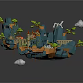 Floating Fantasy Island With Mountains Green Vegetation Bridge Buildings And Clouds