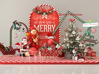Christmas Photo Spot With MERRY CHRISTMAS Sign Red Decorative Board Christmas Tree Sleigh And Gifts 3d model