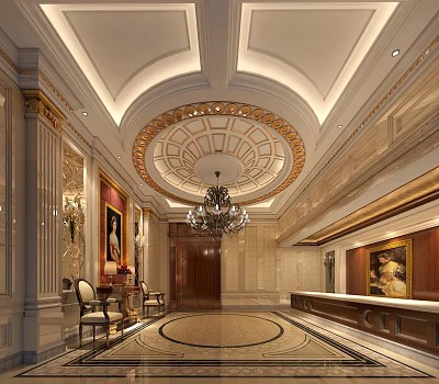 Luxurious Hotel Lobby Featuring Ornate Circular Ceiling Crystal Chandelier Marble Walls And Front Desk Area 3d model