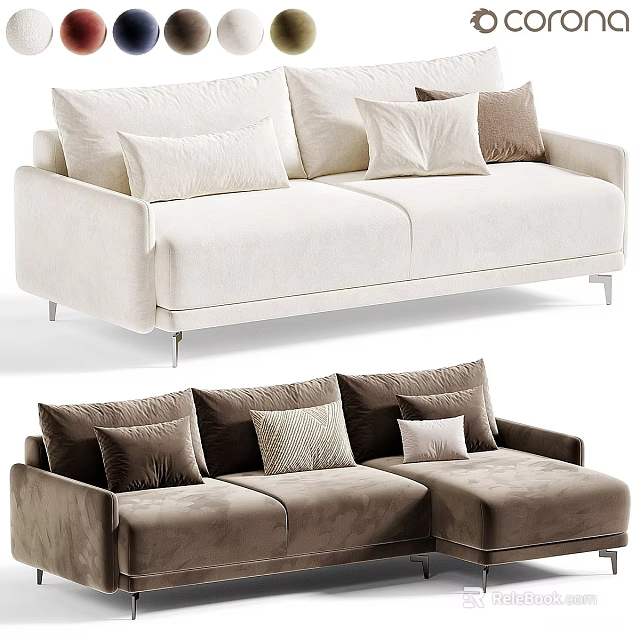 Modern Multi Person Sectional Sofas with Plush Pillows in Beige and Brown 3d model 