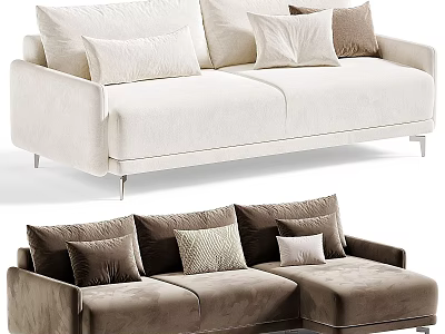 Modern Multi Person Sectional Sofas with Plush Pillows in Beige and Brown 3d model