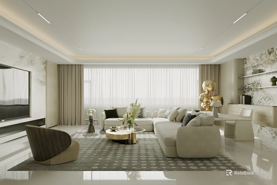 Elegant Modern Restaurant Interior With Floor to Ceiling Windows Comfortable Seating And Decorative Items 3d model 
