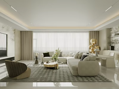 Elegant Modern Restaurant Interior With Floor to Ceiling Windows Comfortable Seating And Decorative Items 3d model